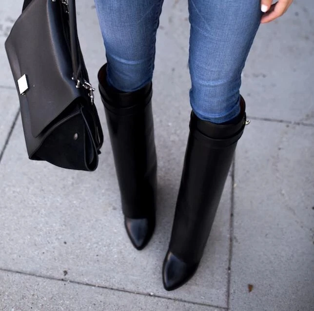 

Black Smooth Leather Women Fashion Knee High Knight Boots Lock Buckles Ladies High Heel Boots Navy Blue Suede Boots Size 42