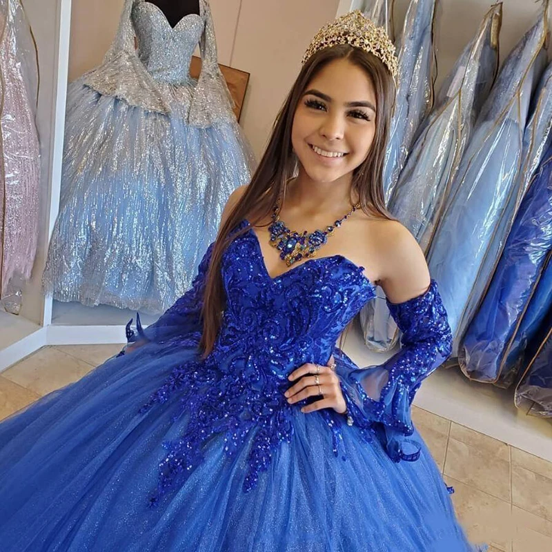 

GY Princess Arabic Royal Blue Quinceanera Dresses Lace Applique Beaded Sweetheart Prom Dresses Lace-up Sweet 16 Party Dress