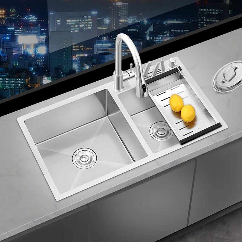 Sus304 Stainless Steel Large Kitchen Sink With Knife Holder Handmade Tank Double Bowl Basin Sink
