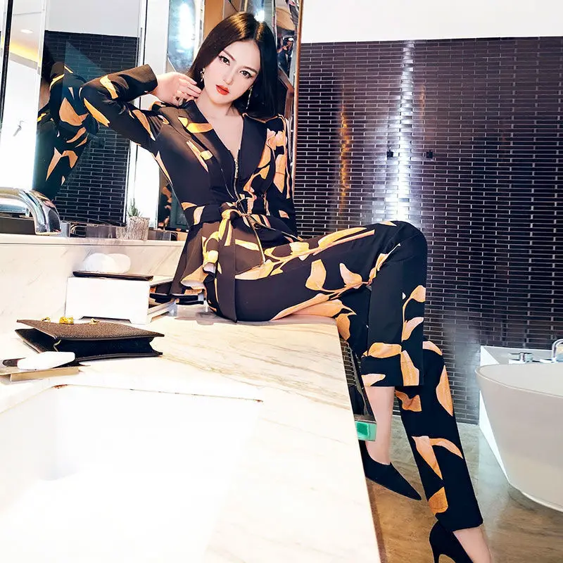 

Women New 2021 Spring Autumn Floral Printed Elegant 2 Piece Set Female Long Sleeve Blazer and Pant Set Office Lady Outfits Z353