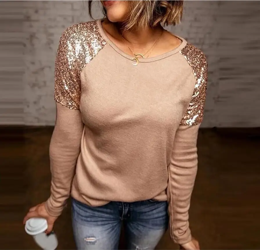 

Женская футболка с длинным рукавом и блестками, Повседневная Свободная футболка в стиле пэчворк, элегантная уличная одежда, футболки, топ, о...