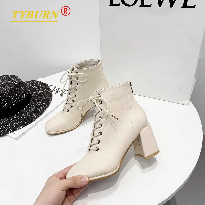 

New Luxury Lace-up Ladies Nude Boots Pu Leather Women's Boots Fashion Autumn and Winter Round Toe Chelsea Boots High Heel Boots
