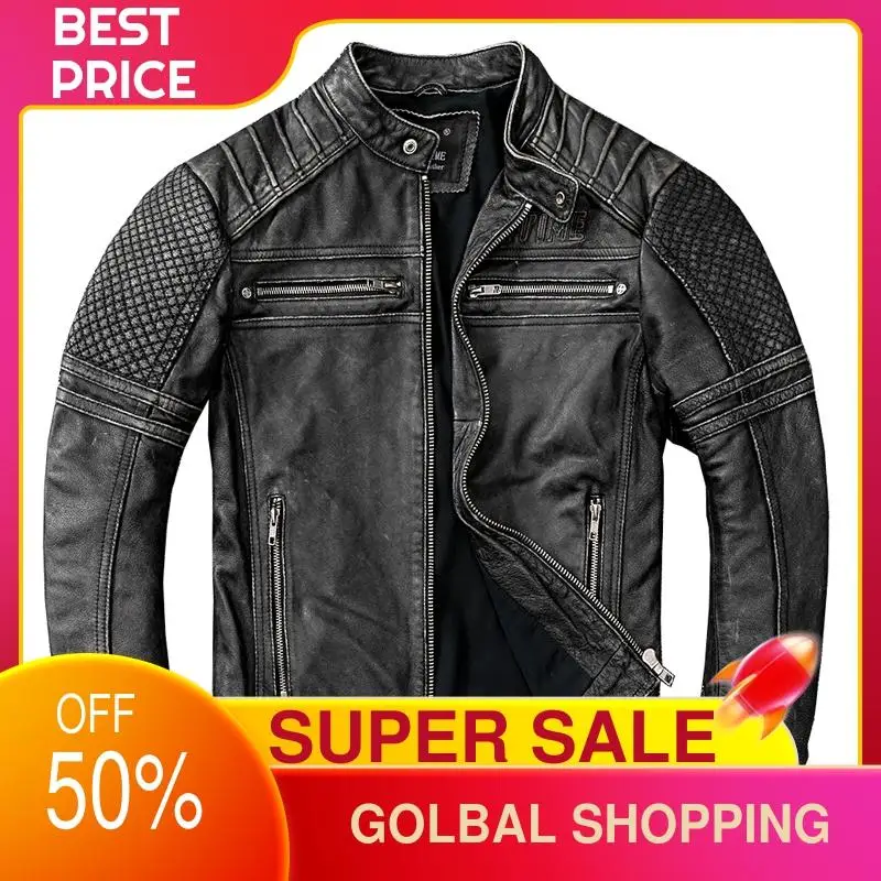 

2021 Vintage Black Motorcycle Style Stand Collar Genuine Leather Jacket Men Plus Size 4XL Real Natural Cowhide Spring Biker Coat