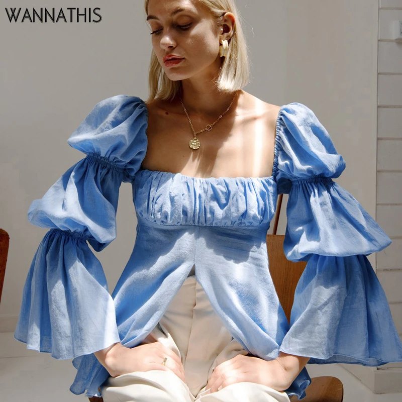 

Женский укороченный топ WannaThis, с длинным рукавом-фонариком и квадратным вырезом, с рюшами, с разрезом, повседневная сексуальная блузка, 2021