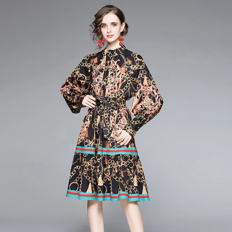 

Осеннее винтажное платье миди ТРАПЕЦИЕВИДНОЕ ПЛАТЬЕ в стиле ретро с длинными рукавами и воротником-стойкой, платье с пышными рукавами и при...