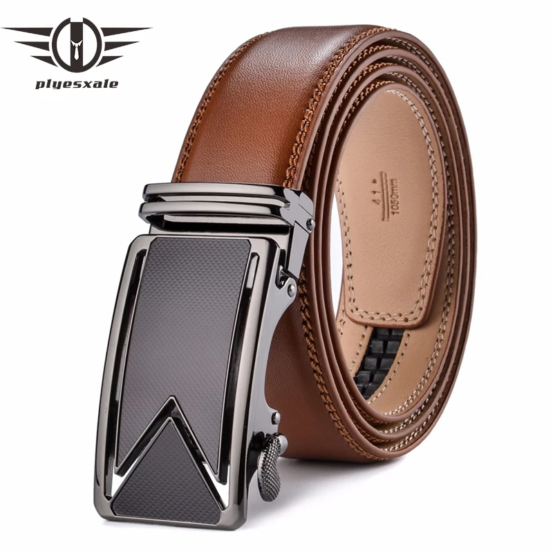 Plyesxale Men Belt 2022 Cowhide Genuine Leather Belts For Men Luxury Automatic Buckle Belts Brown Black Cinturones Hombre B55