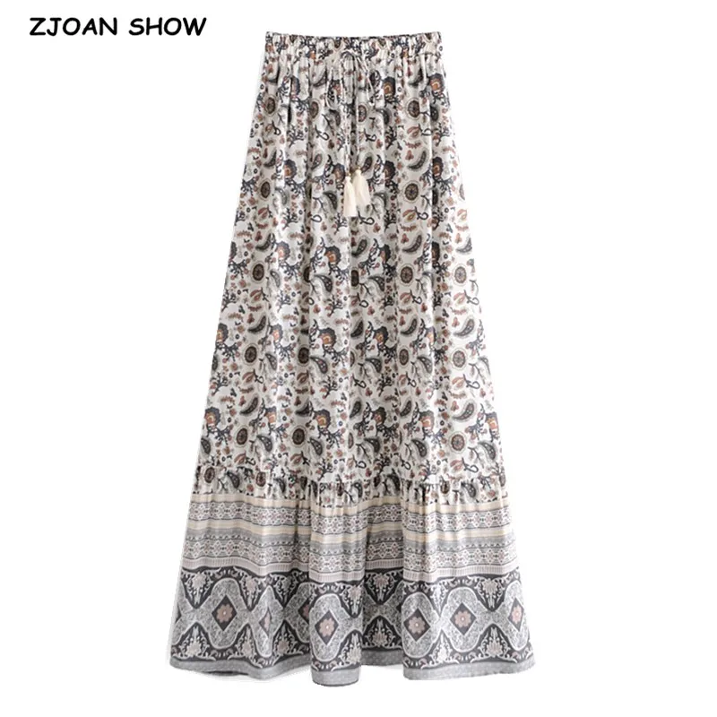 

FAKUNTN 2021 Bohemia Paisley Floral Print Long Skirt Spliced Ruched Ruffle Hem Hippie Women Tassel Tie Bow Swing Skirts Holiday
