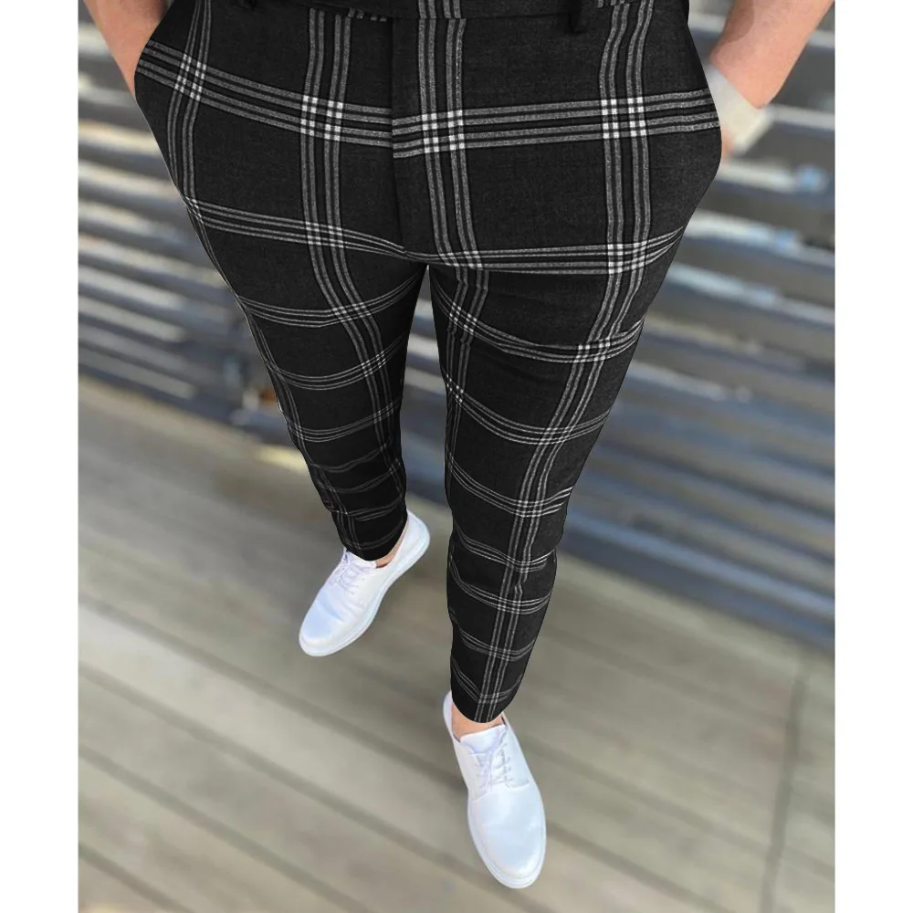 

Mens Fashion Pants Plaid Printing Square Block Long Trousers Social Casual Slim Fit Business Elastic Male Party Button Streewear