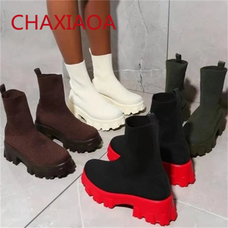 

CHAXIAOA 2021 New Women Ankle Boots Knitted Stretch Chunky Heels Ladies Autumn Creepers Trend Shoes Woman Slip On Winter Boots