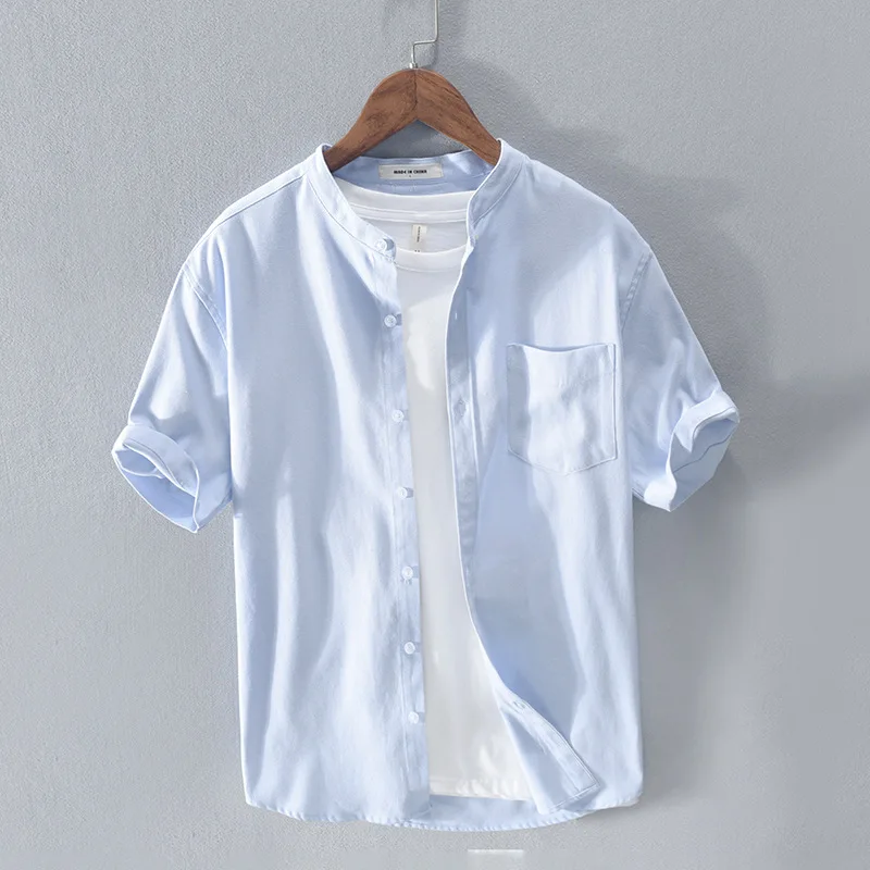 

RC207 Men Shirt Oxford Cotton Short Sleeve Fresh Simple Handsome Fashion Chic Stand Collar Button Multi-Color Breathable Tops