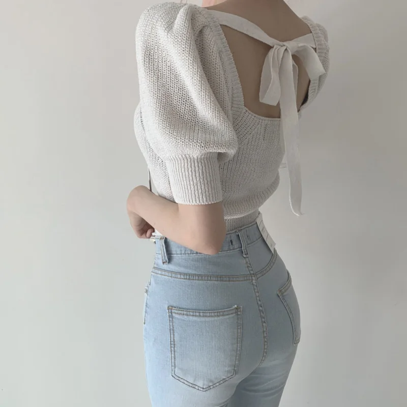 

Backless Lace Up Knitted Sweater Women Korean Sexy Chic Square Collar Puff Sleeve Female Summer Pullover Casual Slim Jumper W076