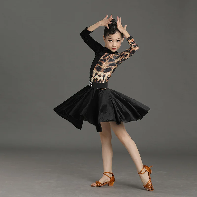 

Girls Latin Dance Dresses Children Long Sleeve Skirts Kids Dance Competition Practice Clothes Stage Performance Party Costumes
