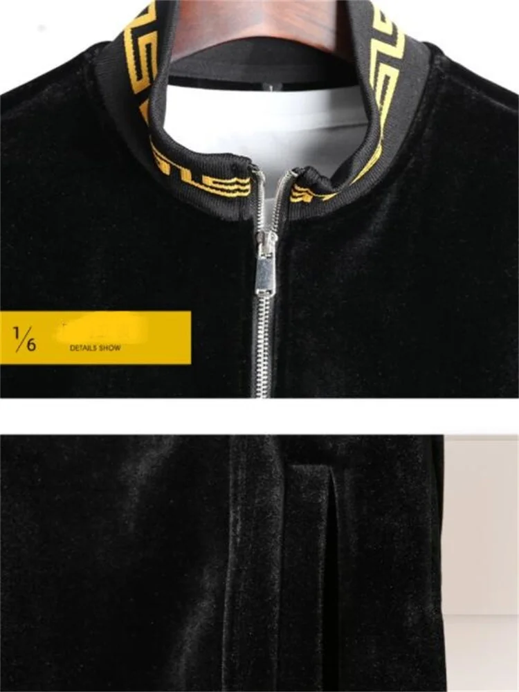 

Men's casual sports suit Gold velvet double-sided jacket and trousers Fashion collar embroidered gold edge jacket man
