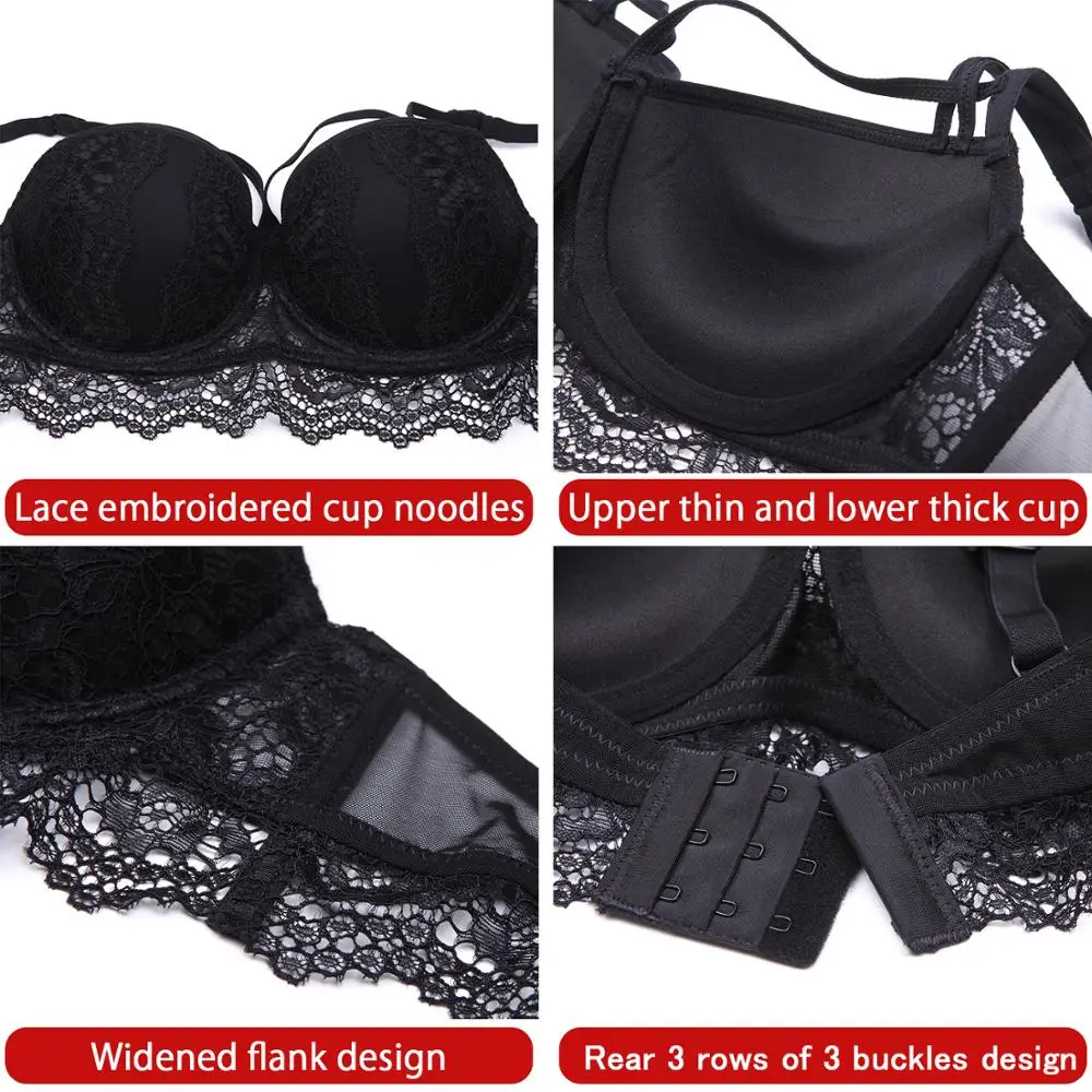 

Sexy Women Lingerie Set Push-up Bra set 3/4 Cup Brand Green Lace Underwear Set Women Deep V Brassiere Black