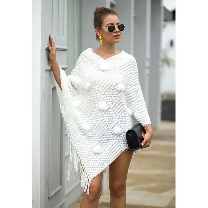 

Women Cute Pom Poms Pullover Sweater Top Rhombus Striped Knitted Shawl Wrap Fringe Tassels Hem V-Neck Winter Poncho Cape Cloak