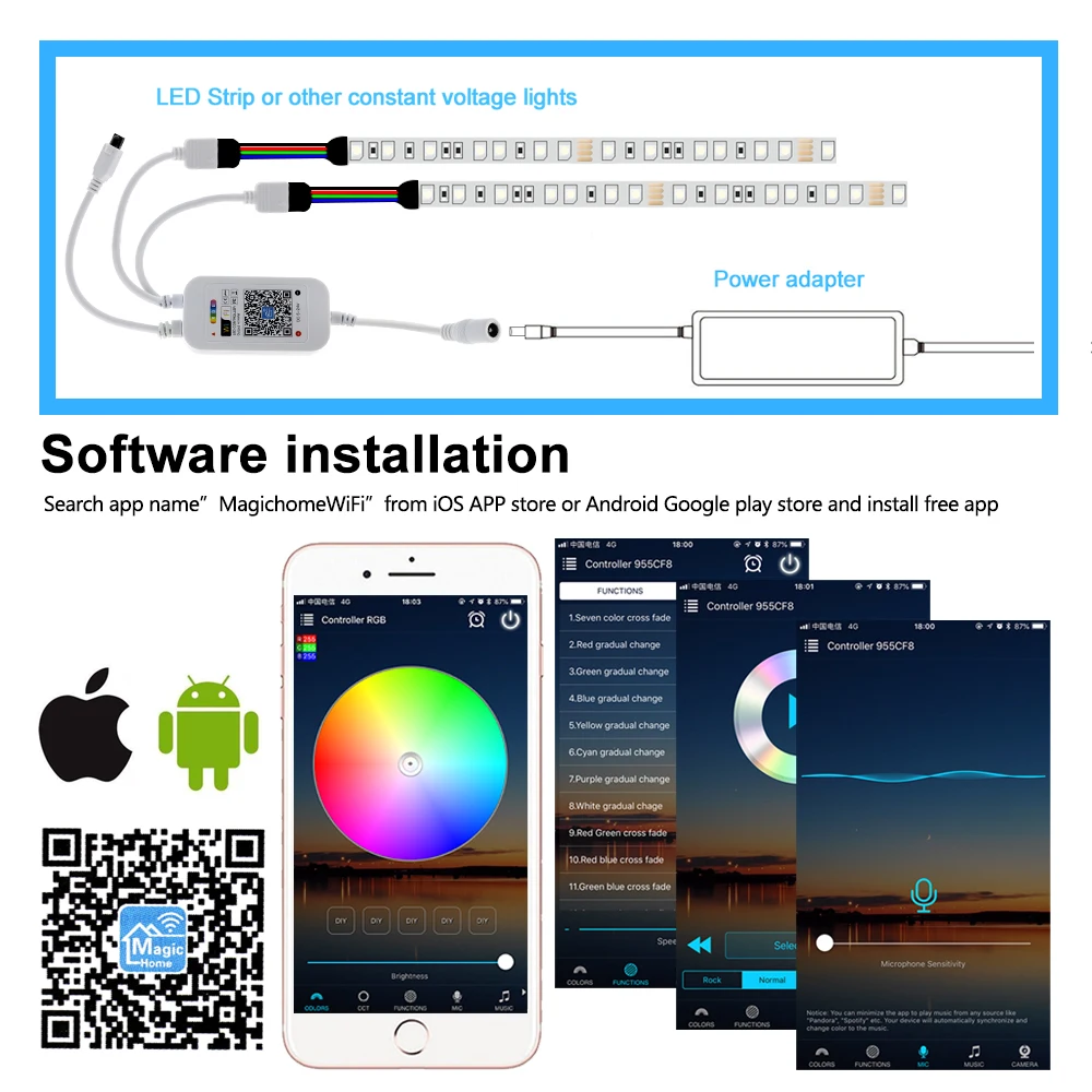 Светодиодный RGB контроллер Wi Fi музыкальный с двойным выходом ИК пульт