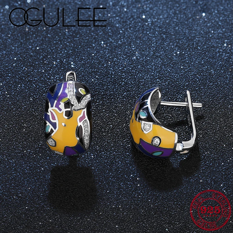 

OGULEE высокое качество оранжевый фиолетовый с рисунком оленя 925 стерлингового серебра Цирконий Красочные эмаль серьги со шпилькой вечерние ю...