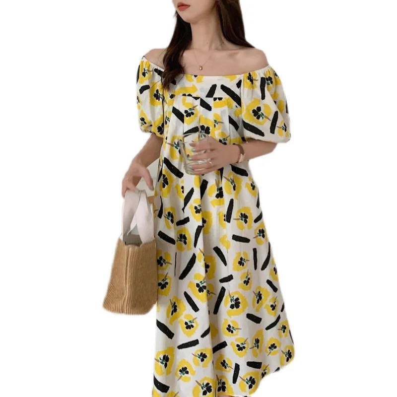 

COIGARSAM Cute Women dress Fashion Pleated Square Collar Dresses Blue Yellow 9679