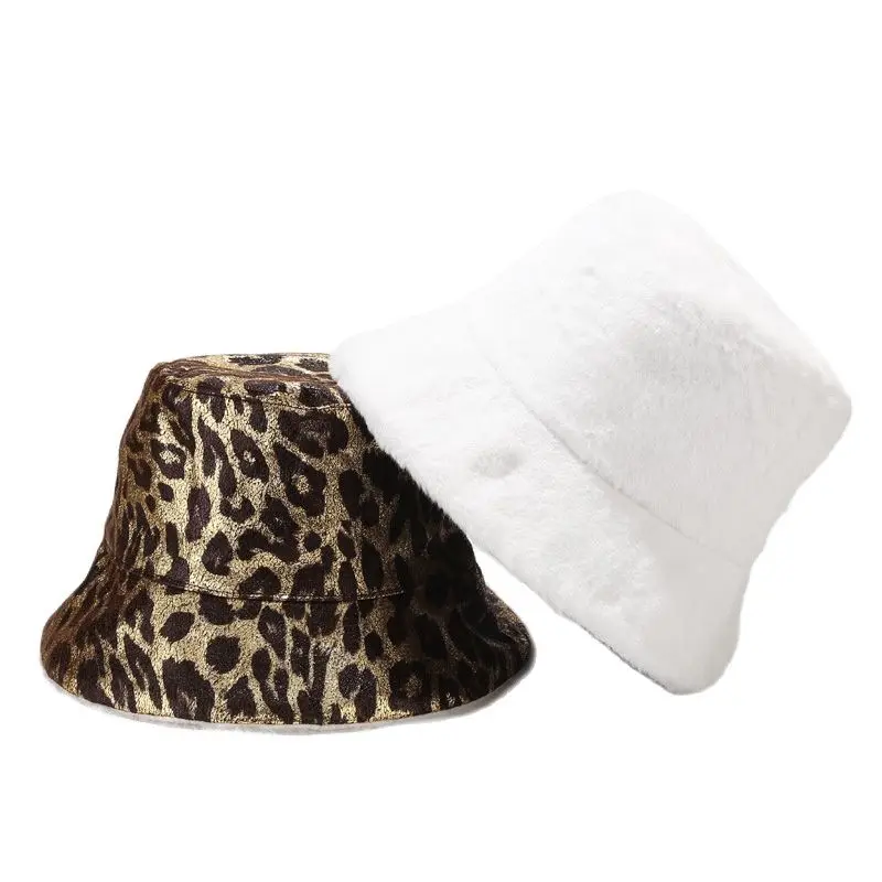 

Double-sided Panama Hat for Winter Cheetah Print Faux Rabbit Fur Luxury Bucket Hat Women Autumn Women's Hats for Men Caps