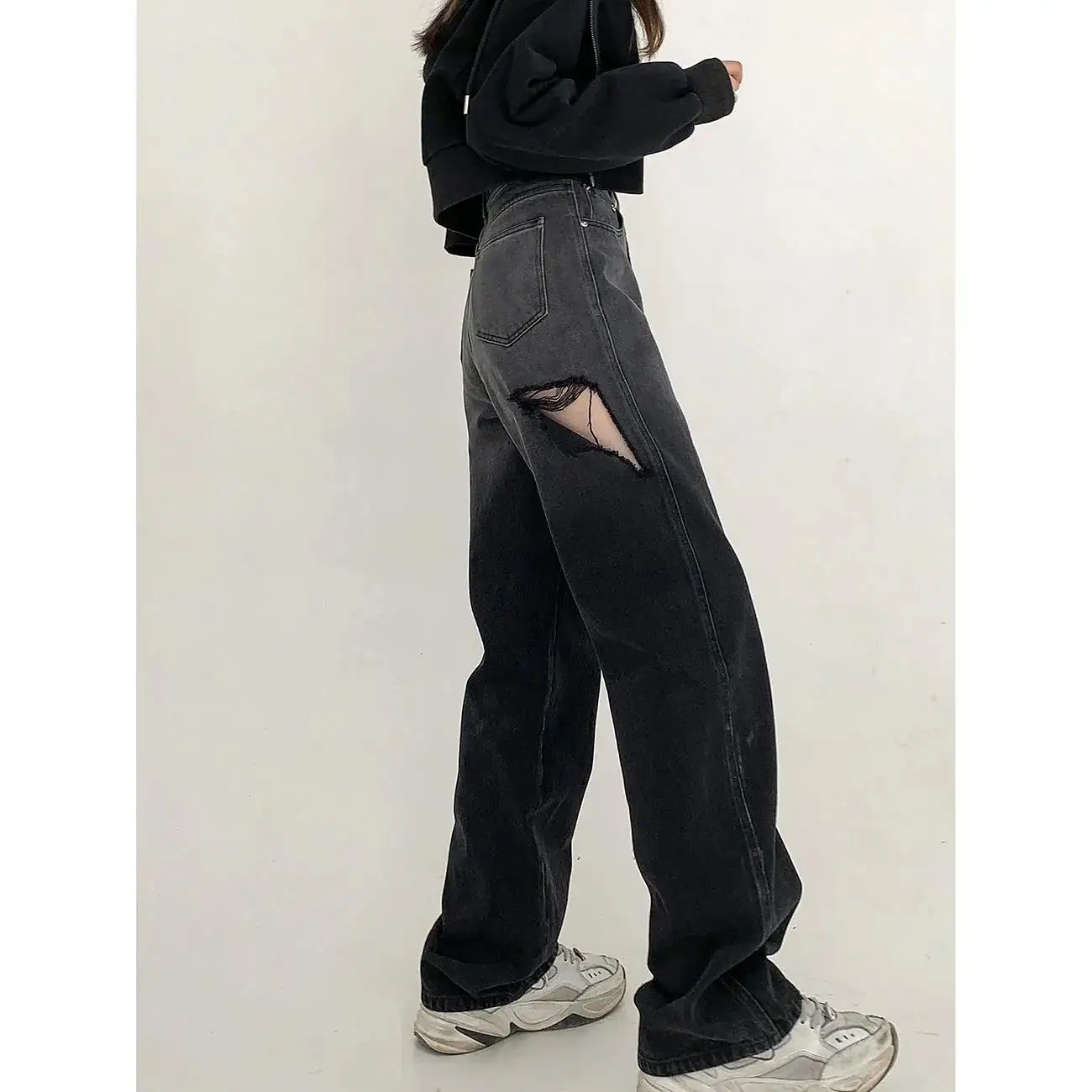 

Ripped Jeans Women Plus Size 2021 Spring Summer New High-Waist Gradient Smoky Gray Pants Straight Denim Trousers Woman Clothing