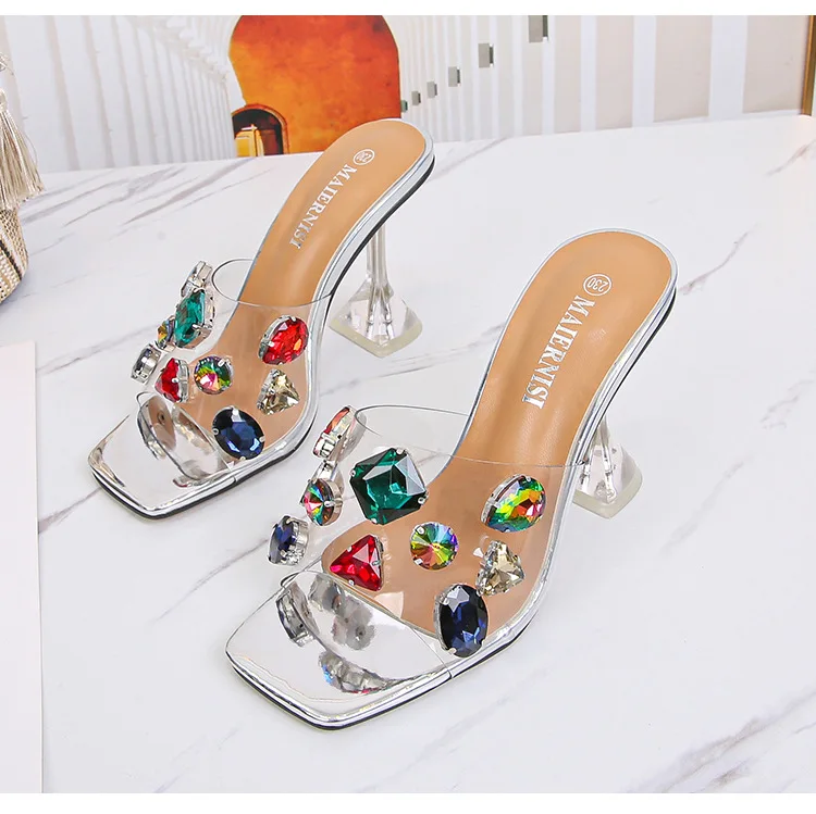 

New Women Square Toe Rhinestone Sandals Diamante High Heels Peep Toe Ladies Shoes Silver Gold Black Ladies Dress Shoes