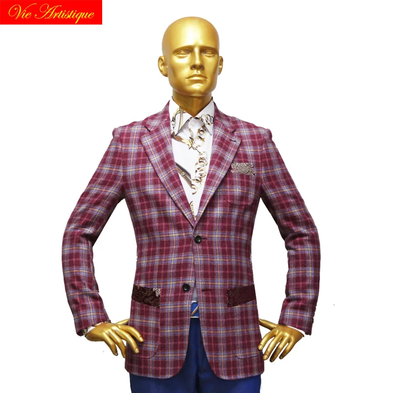 

custom tailor made Men's bespoke suits business formal wedding ware 1 pieces Jacket coat pant wine plaid fine heavy tweed wool
