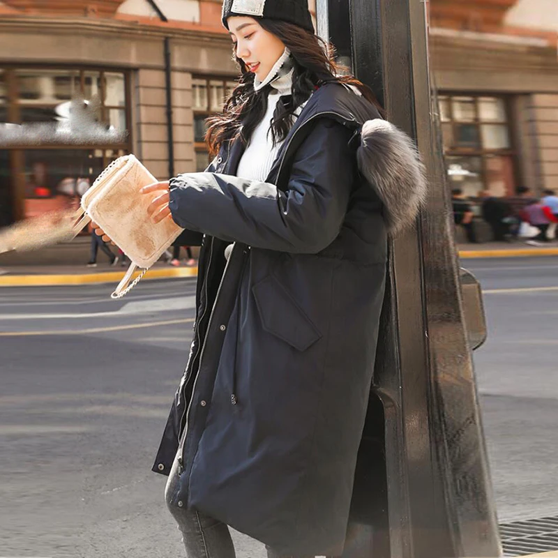 Женский двухсторонний длинный пуховик зимнее пальто с капюшоном и белым утиным