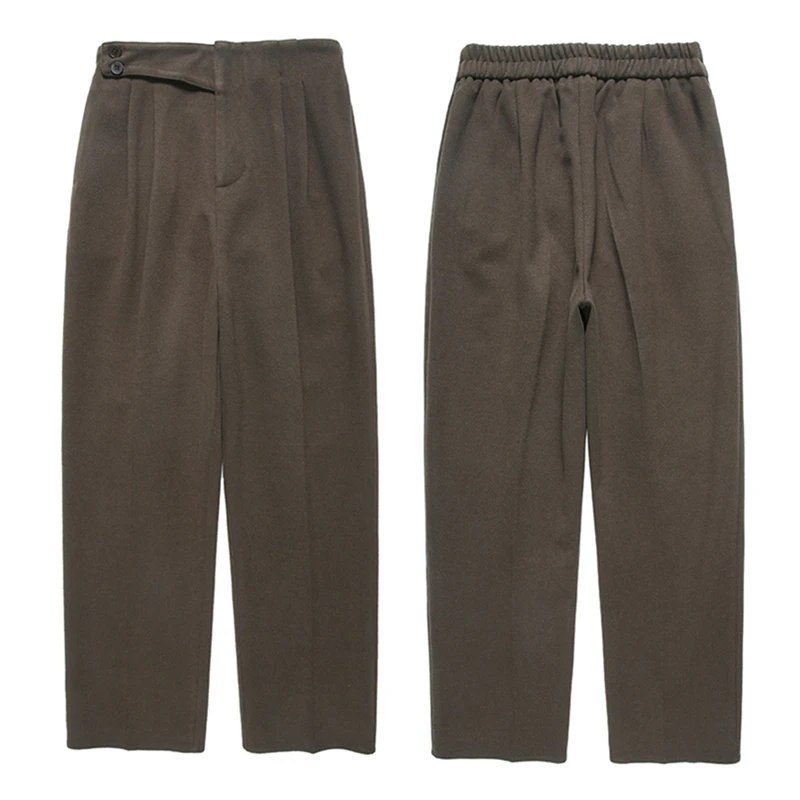 

REALEFT 2020 New Autumn Winter Woolen Formal Women's Harem Pants Elatic Waist Button Office Lady Loose Ankle-Length Pant Pockets