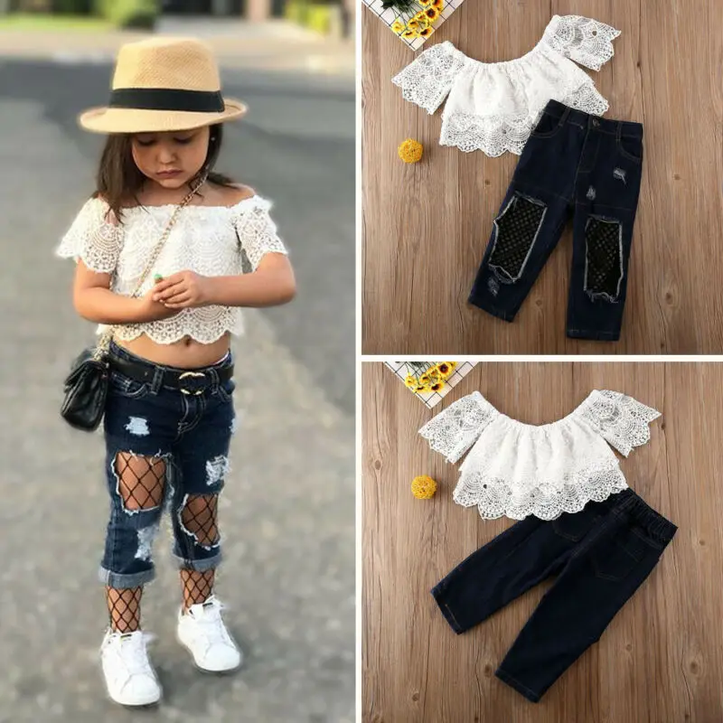 

Fashion Toddler Kids Baby Girl Off Shoulder Lace Tops+Jeans Pants 2PCS Outfit Clothes 2-7Y