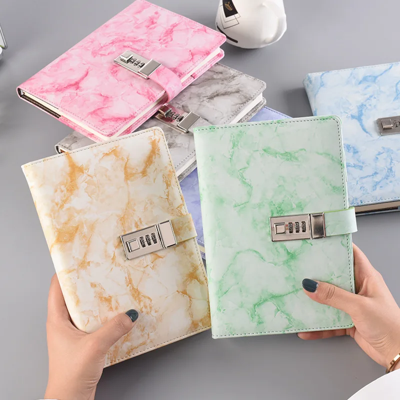 

Password Notebook European Lock Notepad Multi-function Portable Diary Marble Texture with Lock Code Thick agenda Office Supplies