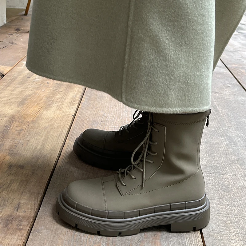 

Chunky Heels Motorcycle Boots Ankle Boots for Women Winter Outdoor Split Leather Cross-Tied Back Zipper Platform Shoes Woman