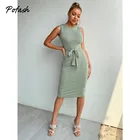 Pofash однотонные повседневные летние платья для женщин Одежда с круглым вырезом без рукавов с запахом платье миди тонкая уличная одежда облегающее платье 2021