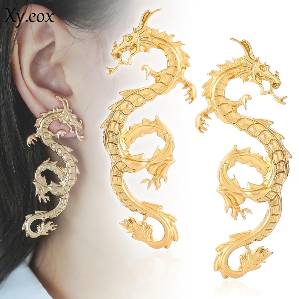 

Trendy Punk Chinese Style Dragon Stud Earrings Animal Totem Statement Jewelry