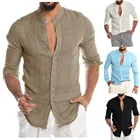 Рубашки мужские, из хлопка и льна, с круглым вырезом, однотонные, пляжные, с длинным рукавом, приталенные, мешковатые, 2021