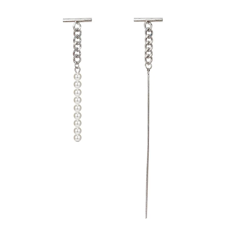 

South Korean temperament web celebrity retro asymmetrical chain tassel long pearl S925 silver needle earrings