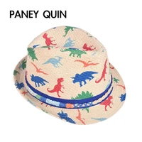 2021 straw summer hat for kids summer kids boys girls causal hats cartoon dinosaur print short brim sun protection fashion