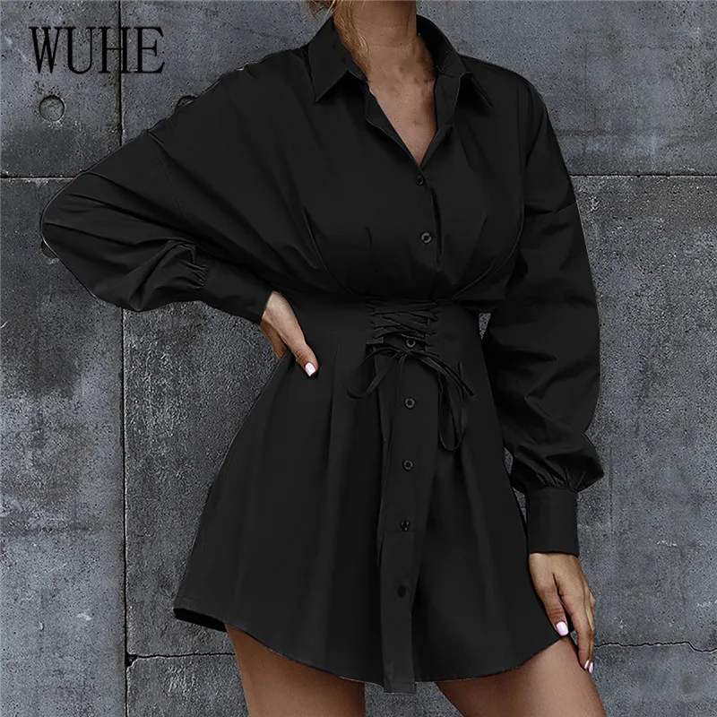 

KEXU Casual Office Work Mini Dresses Long Sleeve Single Breasted Cross Lace Up Drawstring Turn Down Collar Elegant Pleated Dress