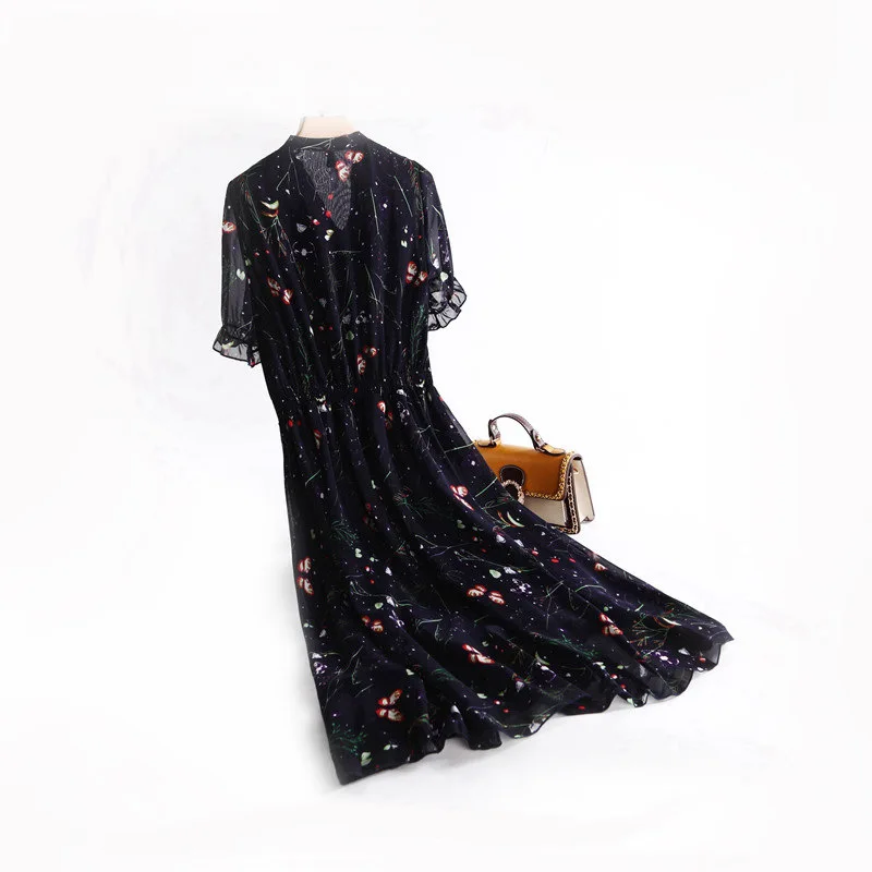 

2021 new spring and summer new bow print short sleeve waist women's dress