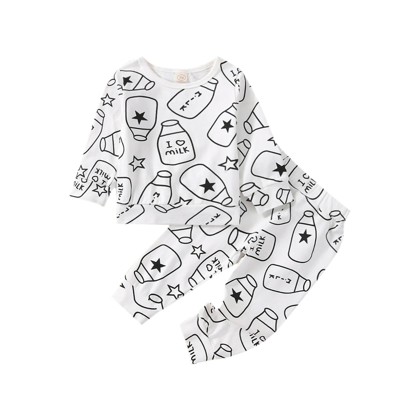 

Спортивный костюм Pudcoco 0-24 м, мультяшный пуловер с молочными бутылочками и принтом, толстовка с капюшоном и штаны, пижамные комплекты, одежда ...