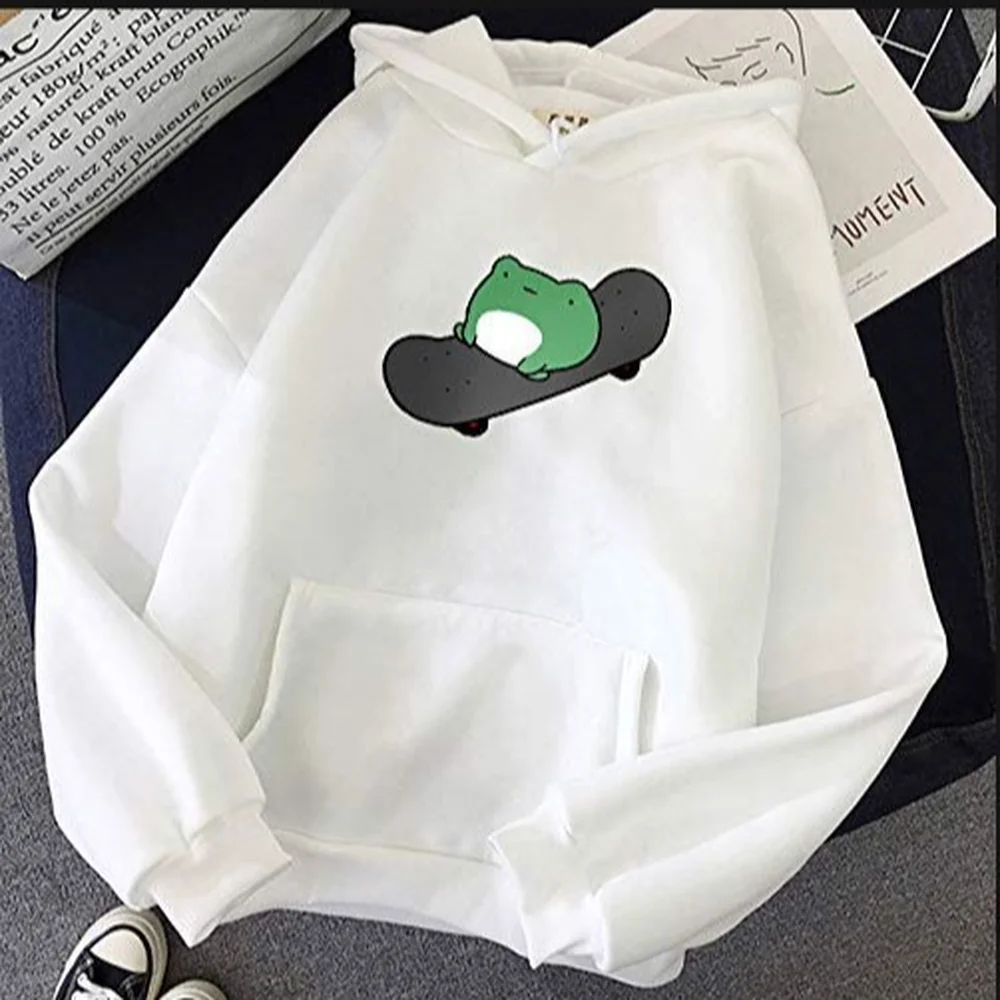 

2021 New Kawaii Harajuku Hoodies Women Skateboard Frog Print Winter Sweatshirt Oversized
