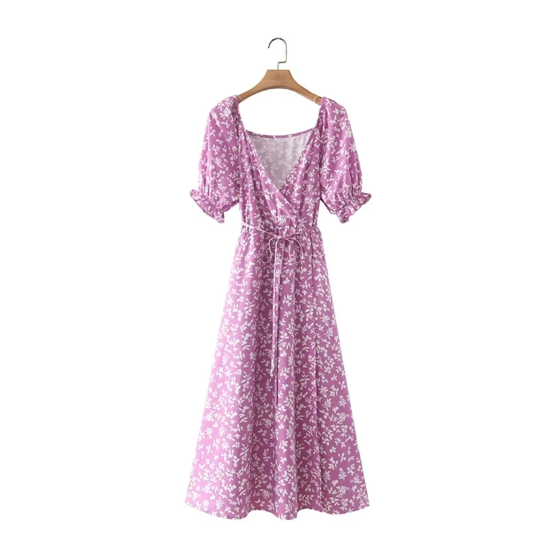 

Women Floral Print V Neck Midi Dress Female Puff Sleeve Clothes Casual Lady Loose Vestido D9039