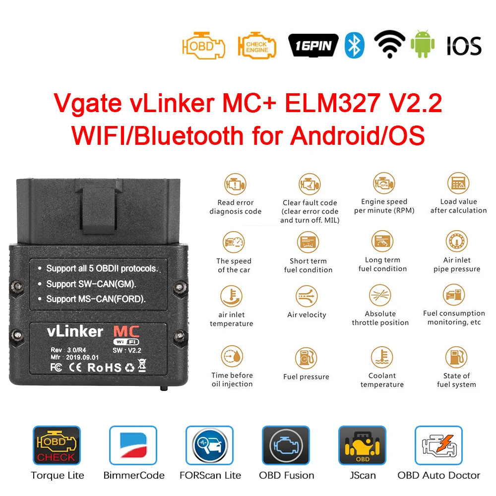 Vgate VLinker MC + ELM327 V2.2 WIFI Forscan ELM 327 для автомобиля OBD2 Bluetooth 4 0 Автомобильный