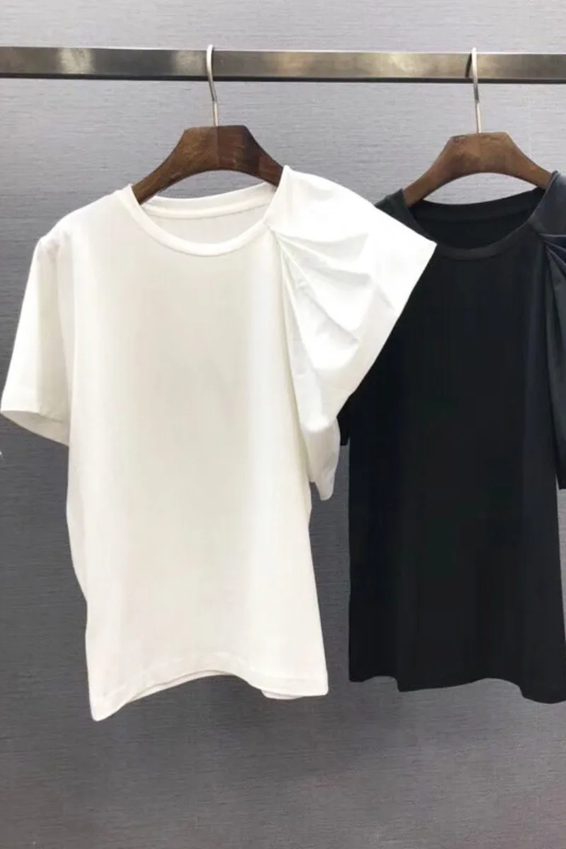 

2021 Spring New Solid Slim Loose O Neck Ruffles Patchwork Short-sleeved Casual Woman Tshirts