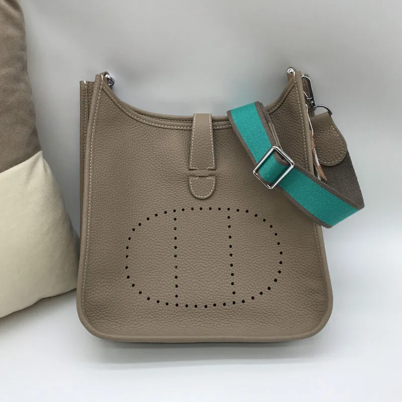 

Leather diagonal bag Evelyn large wide shoulder strap head layer cowhide shoulder bag fashionable new H original dark green