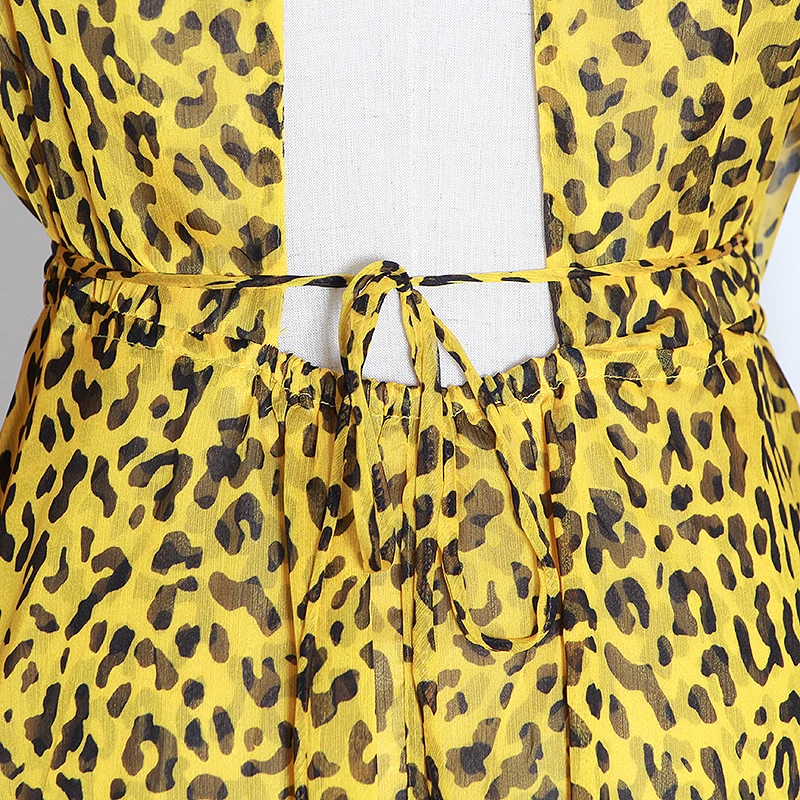 

CHICEVER Elegant Leopard Dress For Women V Neck Flare Long Sleeve Hollow Out High Waist Vintage Long Dresses Female 2021 New