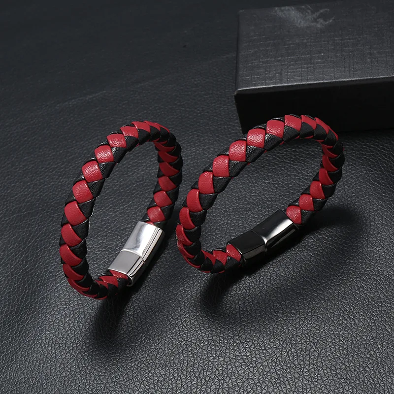 Мужские ювелирные изделия красный и черный кожаный плетеный браслет с магнитной