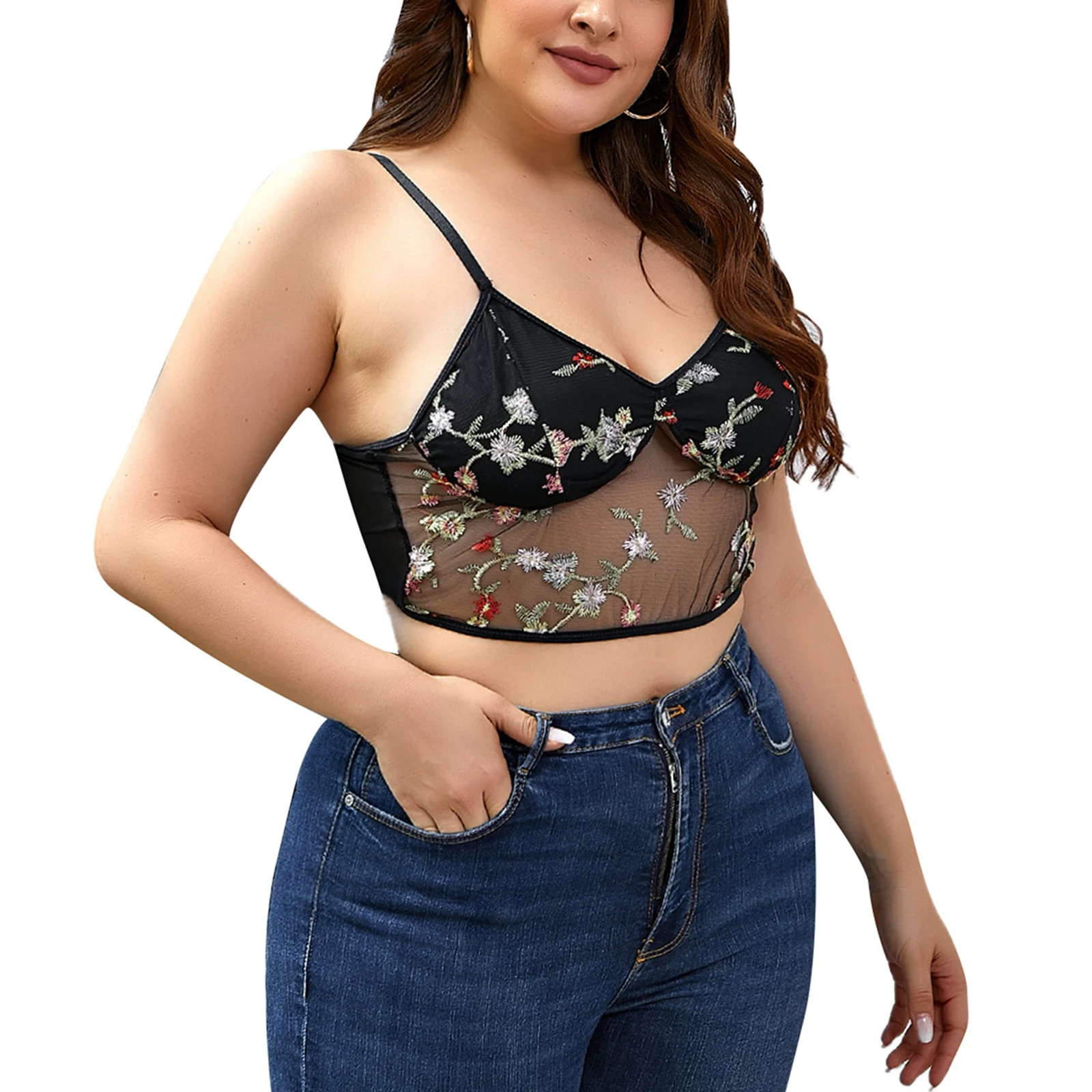 

Womens Perspective Tulle Patchwork Sling Tops, Embroidery Flower Deep V-neck Short Vest Clothes