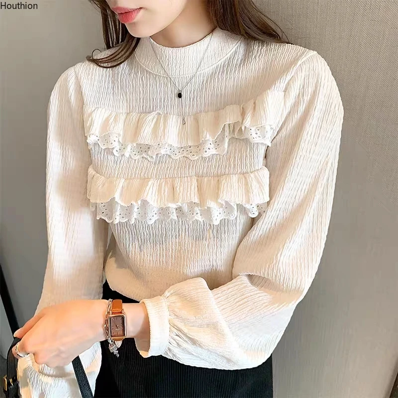 

Houthion Women's Shirt New Long-sleeved Blouse Patchwork Top Lapel Loose Fashion Blouses Casual Summer Korean Blusas