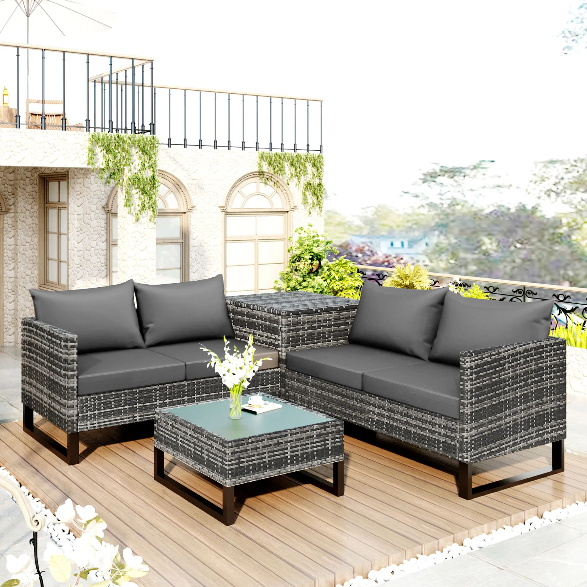 

L Style Corner Sofa Set For Outdoor Rattan 4 PCS Garden Sectional Sofa Set Nordic Patio Furniture Set Modern