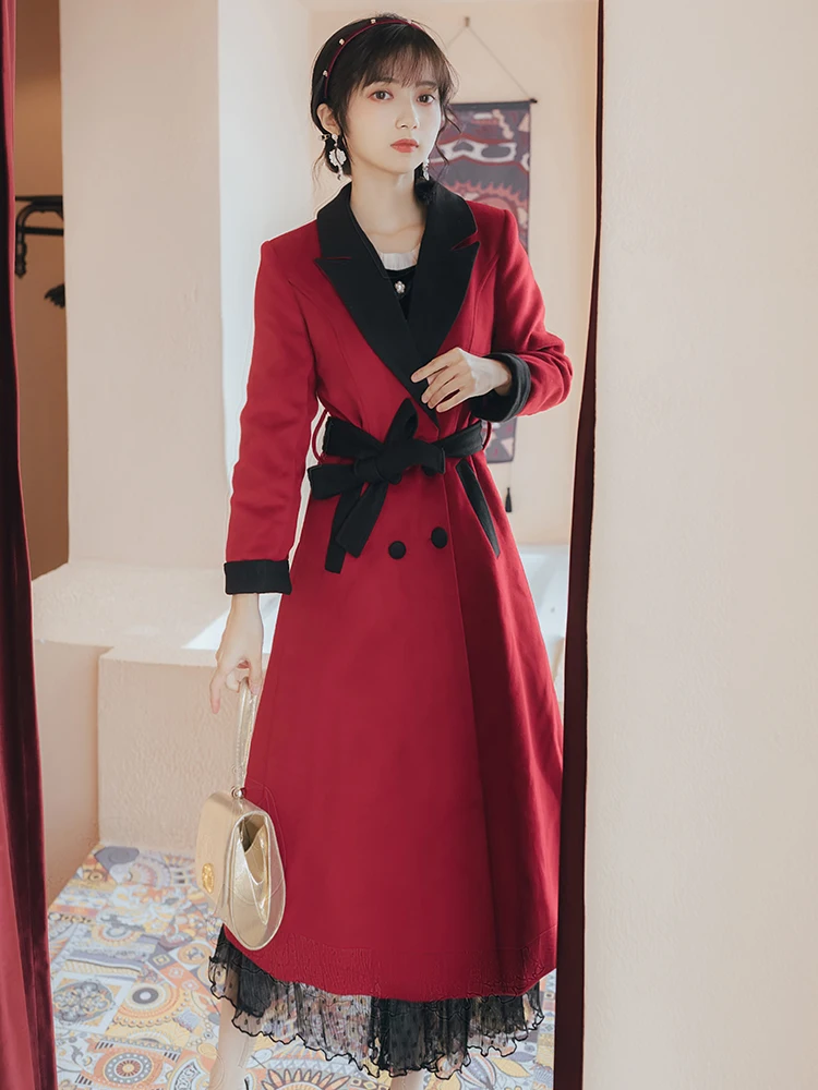 

Film Hepburn red cloth coat of long new winter woolen cloth coat of cultivate one's temperament